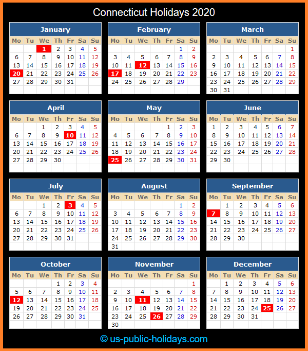 Connecticut Holiday Calendar 2020